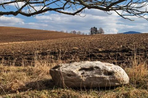 Big white stone next to the undulating plowed field in early spring Stock Photos
