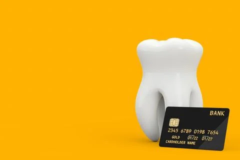 Big White Tooth with Black Plastic Golden Credit Card with Chip. 3d Rendering Stock Illustration
