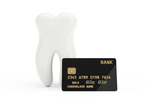 Big White Tooth with Black Plastic Golden Credit Card with Chip. 3d Rendering Stock Illustration