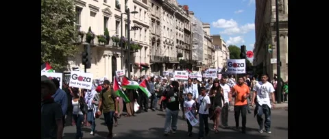 Big Wide Shot Crowd Marching for Gaza on August 9 2014 London UK Stock Footage 144226875