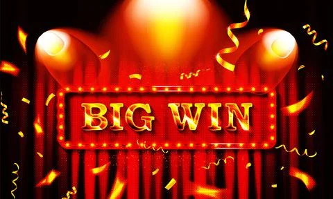 Big Win word on banner with red curtains Stock Illustration