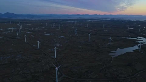 Big wind farm glows at sunset in open nature, clean energy from above Stock Footage 320578330