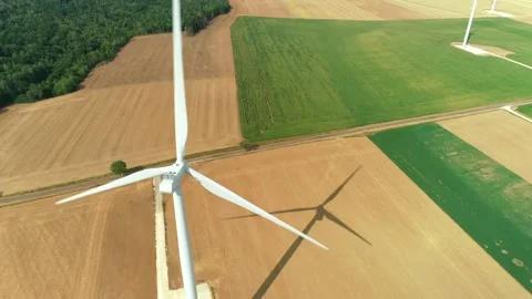 Big Wind Turbine Casting Shadow, Moving Right - Haute Marne, France 4K Drone Stock Footage 259847850