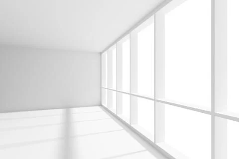 Big window in empty white room with sunlight Illustrazione stock