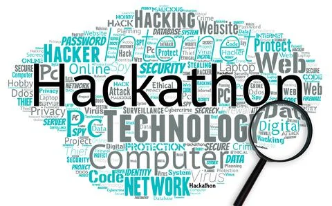 Big word cloud with hakathon words with magnifying glass. Illustrazione stock