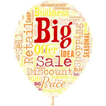 Big word cloud in the shape of baloon with words big sale. Putting products o Stock Illustration