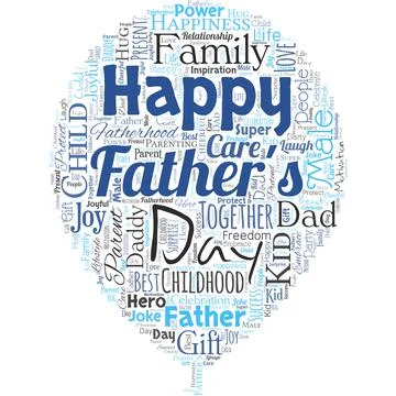 Big word cloud in the shape of baloon with words happy Father's Day. Time of Stock Illustration