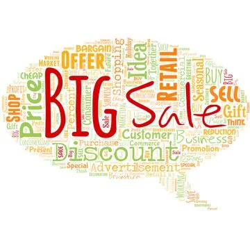 Big word cloud in the shape of chat box with words big sale. Putting products Stock Illustration