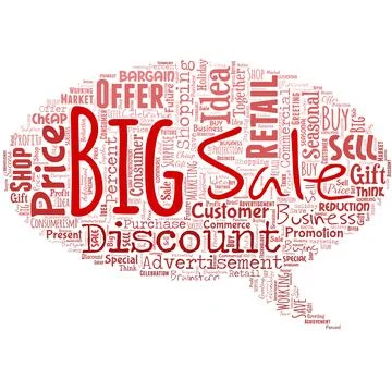 Big word cloud in the shape of chat box with words big sale. Putting products Stock Illustration