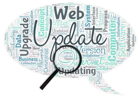 Big word cloud in the shape of chat box with magnifying glass with word update 스톡 일러스트