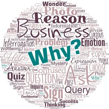 Big word cloud in the shape of circle with word why. Asking for what reason a Ilustración de archivo
