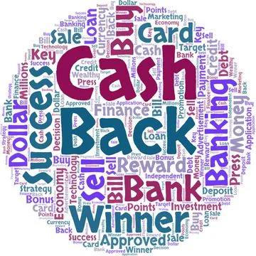 Big word cloud in the shape of circle with words cash back. Incentive offered Illustrazione stock