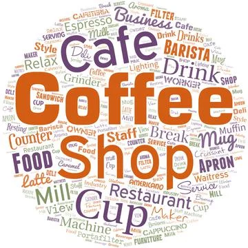 Big word cloud in the shape of circle with words coffee shop. Small informal Ilustración de archivo