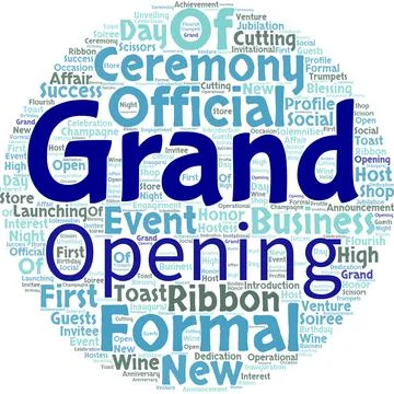 Big word cloud in the shape of circle with words grand opening. Ribbon Cutting Ilustración de archivo