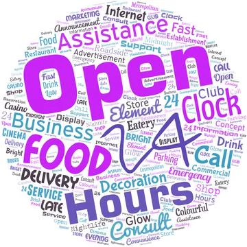 Big word cloud in the shape of circle with words open 24 Hours. Available all Ilustración de archivo