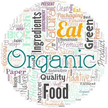 Big word cloud in the shape of circle with words eat organic. Reduction of Ilustración de archivo