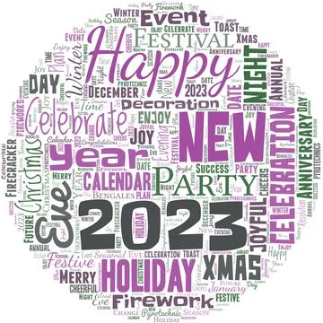 Big word cloud in the shape of circle with words Happy New Year 2023. Happy New Ilustración de archivo