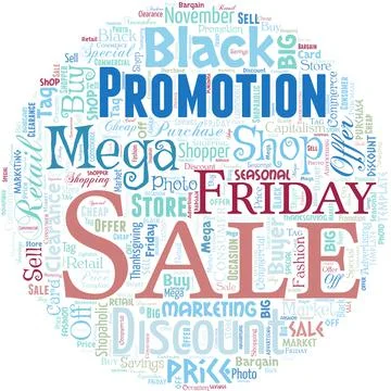 Big word cloud in the shape of circle with words mega sale. The day full of Ilustración de archivo