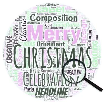 Big word cloud in the shape of circle with magnifying glass with words Merry Ilustración de archivo