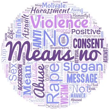 Big word cloud in the shape of circle with words no means no. Stop abuse gender Ilustración de archivo