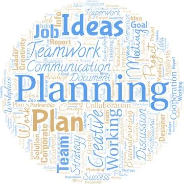 Big word cloud in the shape of circle with words planning. Process of thinking Illustrazione stock