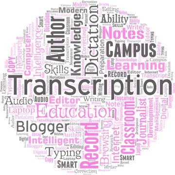 Big word cloud in the shape of circle with word transcription. Written or typing Ilustración de archivo