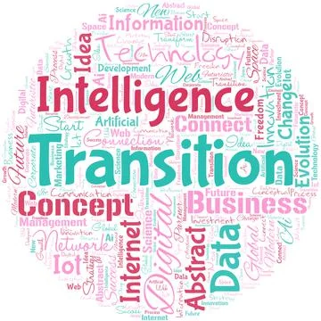 Big word cloud in the shape of circle with words transition. Dramatic or Stock Illustration