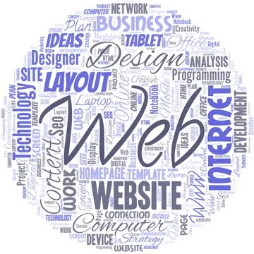 Big word cloud in the shape of circle with word WEB. A system of Internet Ilustración de archivo