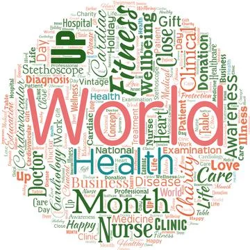 Big word cloud in the shape of circle with words world health. World day of Stock Illustration