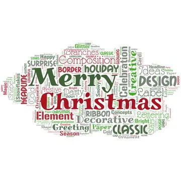 Big word cloud in the shape of cloud with words Merry Christmas. Annual Stock Illustration