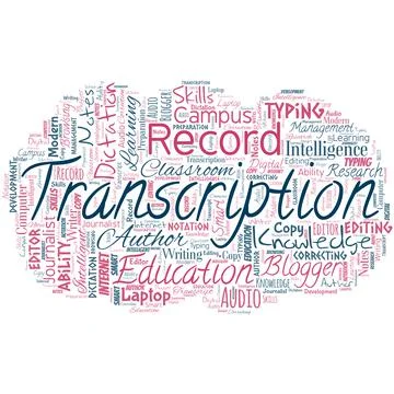 Big word cloud in the shape of cloud with word transcription. Written or typing Stock Illustration