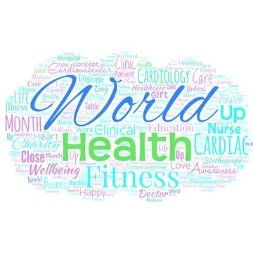 Big word cloud in the shape of cloud with words world health. World day of Stock Illustration