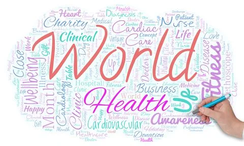 Big word cloud in the shape of cloud with hand and pen with words world health Stock Illustration