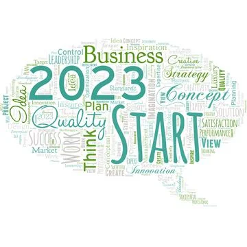 Big word cloud in the shape of dialog box with words 2023 Start. Remembering Illustrazione stock