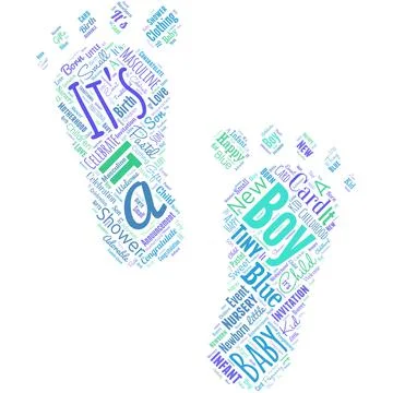 Big word cloud in the shape of feet with words It S A Boy. Expecting a male baby Stock Illustration