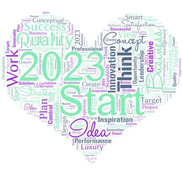 Big word cloud in the shape of heart with words 2023 Start. Remembering past Stock Illustration
