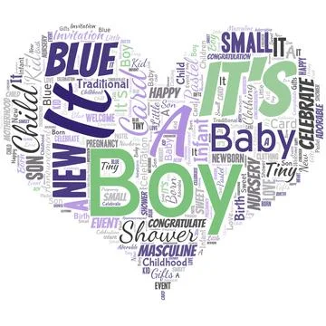 Big word cloud in the shape of heart with words It S A Boy. Expecting a male Stock Illustration