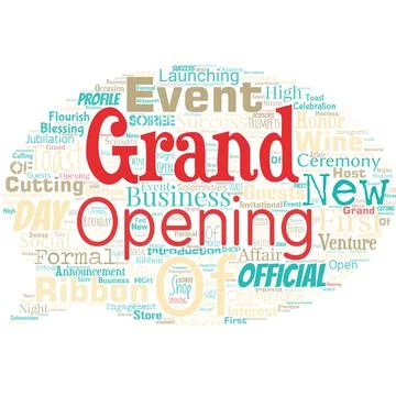 Big word cloud in the shape of speech bubble with words grand opening. Ribbon Illustrazione stock