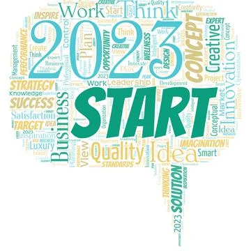 Big word cloud in the shape of speech bubble with words 2023 Start. Remembering 스톡 일러스트