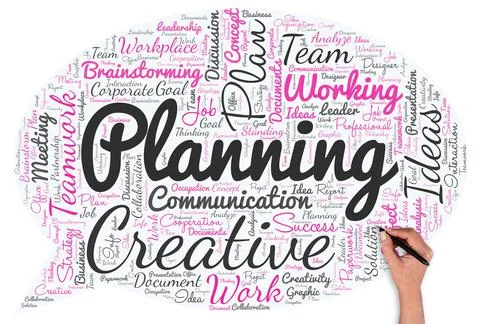 Big word cloud in the shape of speech bubble with hand and pen with words Stock Illustration