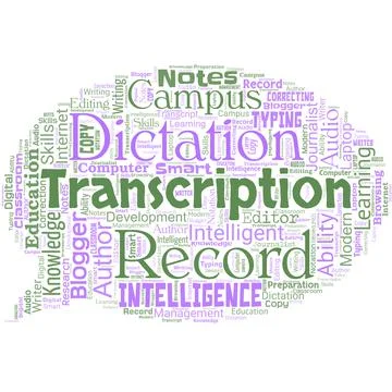 Big word cloud in the shape of speech bubble with word transcription. Written or Stock Illustration