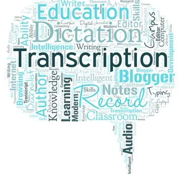 Big word cloud in the shape of speech bubble with word transcription. Written or Stock Illustration