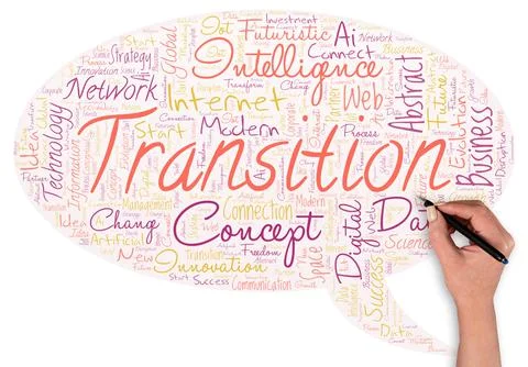 Big word cloud in the shape of speech bubble with hand and pen with words Stock Illustration