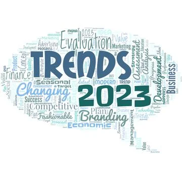 Big word cloud in the shape of speech bubble with words Trends 2023. New Trends Stock Illustration