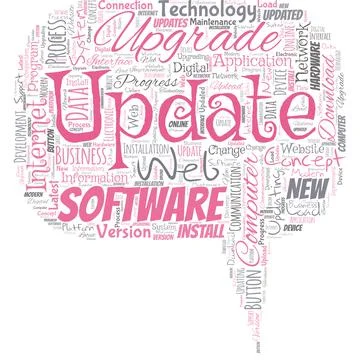 Big word cloud in the shape of speech bubble with word update. Make something Stock Illustration