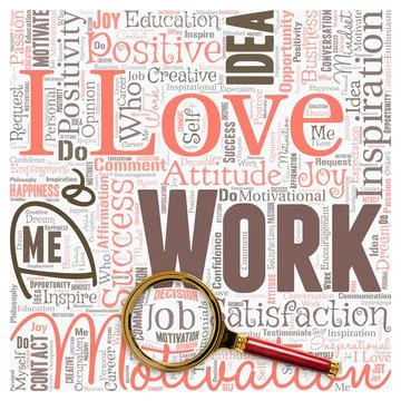 Big word cloud in the shape of square with magnifying glass with words I love Stock Illustration