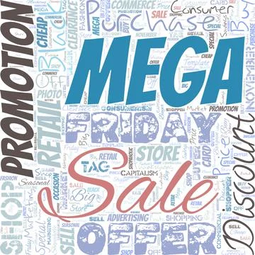 Big word cloud in the shape of square with words mega sale. The day full of Stock Illustration