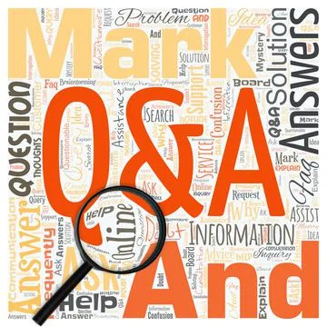 Big word cloud in the shape of square with magnifying glass with words Q and A Stock Illustration