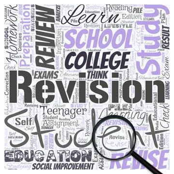 Big word cloud in the shape of square with magnifying glass with word revision Stock Illustration