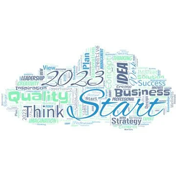 Big word cloud in the shape of UFO with words 2023 Start. Remembering past year Stock Illustration